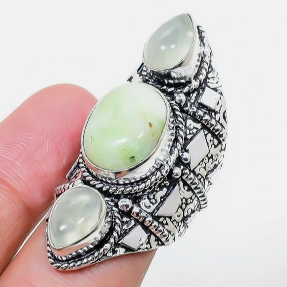 New Chrysoprase and Aquamarine 925 Silver Statement Ring. - Picture 4 of 14